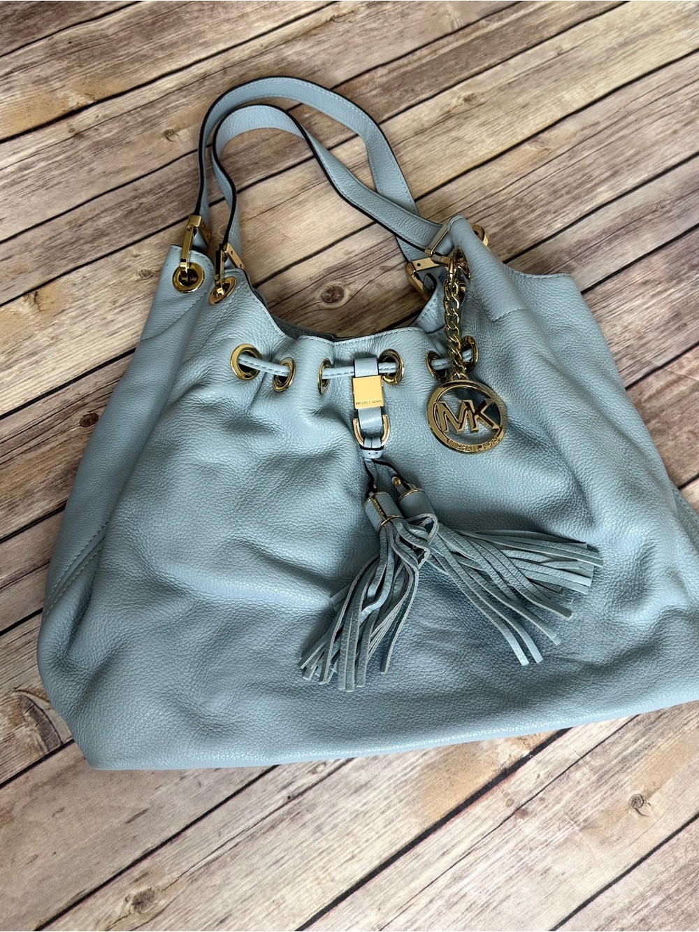 Michael Kors Light Blue Pebbled Leather Tassel Shoulder Bag
